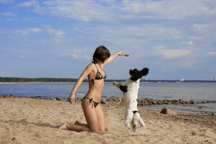Girl with a dog on the beach